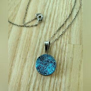 Round blue dichroic glass 925 Sterling silver pendant necklace